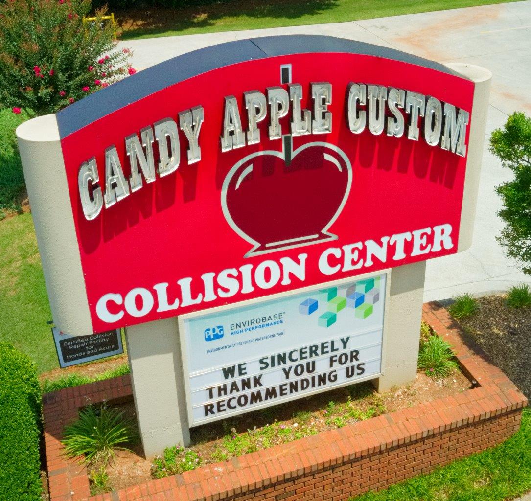 Exterior Business sign kiosk for Candy Apple Custom Collision Auto Body Shop in Cartersville, GA